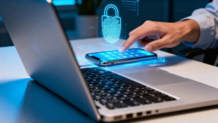 Hand using smartphone with digital fingerprint lock near laptop