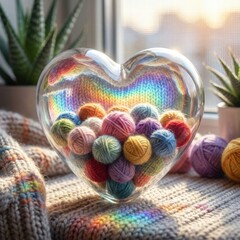 Colorful Yarn Balls in Clear Heart Container with Natural Light