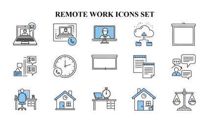 Fototapeta premium Collection of crisp line art icons illustrating essential concepts related to remote work processes and home office environments.