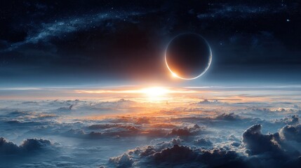 Cosmic vista ethereal clouds sunrise moon eclipse
