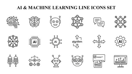 A comprehensive line icon set featuring various abstract symbols representing artificial intelligence, machine learning, and data processing concepts.