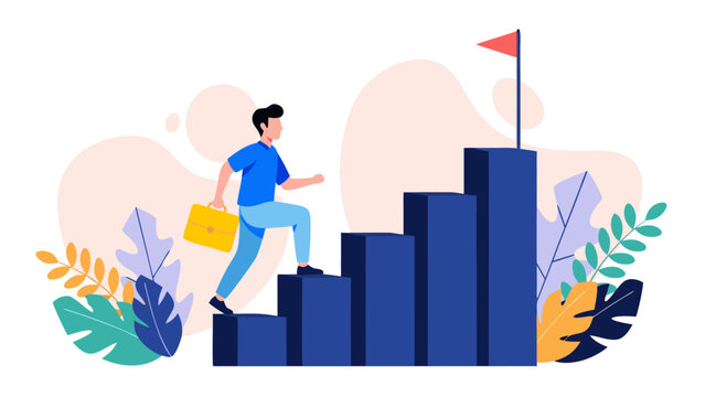 A man climbing stairs towards a flag on a bar graph in a flat design vector illustration