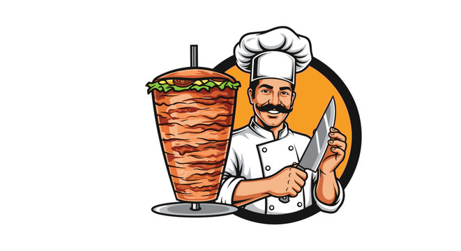 Skillful chef with a mustache holding a large knife next to a rotating doner kebab spit on a warm orange background for restaurants.