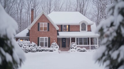 House covered in snow during winter with trees in the foreground and a warm light glowing from windows