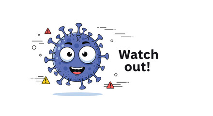 Obraz premium Friendly purple coronavirus bacteria character with large eyes and a smile surrounded by warning triangle icons and speed lines.