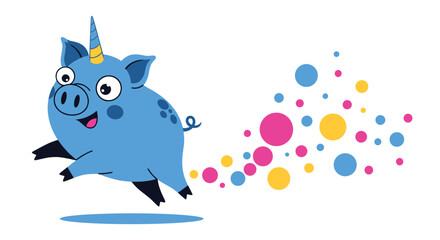 Fototapeta premium Whimsical blue unicorn pig character jumping happily with colorful bubbles or circles trailing behind on a white background for kids.