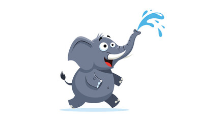 Obraz premium Happy grey elephant character walking and spraying water from its trunk in a playful way on a white background for children books.