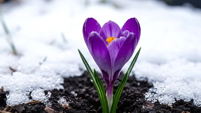A single purple crocus bud emerges from melting snow and dark soil