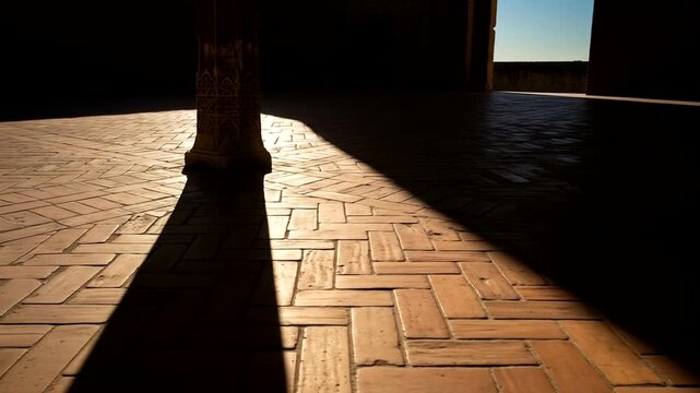 Foot Walking on Tiled Floor with Long Shadow in Sunlight.
