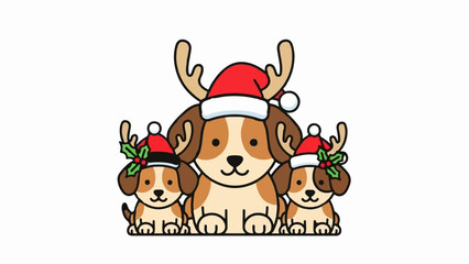 Naklejka premium Three cute dogs wearing Christmas hats and antlers pose happily for the holidays