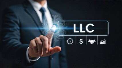 Business professional in a suit interacts with a digital interface displaying LLC concept, featuring icons representing finance, time management, and partnership, emphasizing modern entrepreneurship