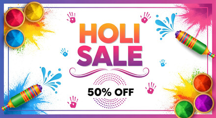 Happy Holi Sale banner with colorful powder splash and 50 percent off discount offer vector illustration