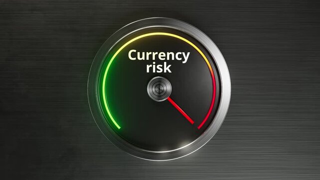Currency Risk Meter Gauge Business Concept 3D Animation : 3D animation of a risk meter showing Currency risk level. Concept of forex exchange, money rate and economic crisis