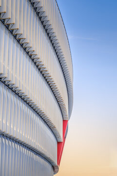 San Mames Stadium Architecture, Modern White Facade of Athletic Club de Bilbao Football Ground at Sunset