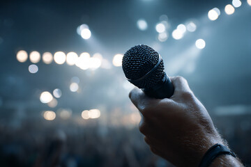 Close up of speaker hand holding professional microphone backstage preparing for public speaking event.