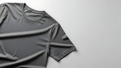 A gray t-shirt is draped over a surface, showcasing its texture and folds from a top-down viewpoint.