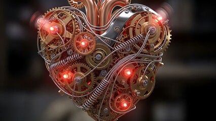Steampunk mechanical heart with brass metal gears