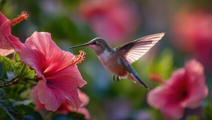 Fototapeta premium A hummingbird is flying over a pink flower