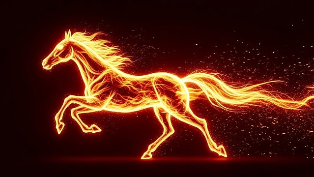 A fiery horse made of glowing yellow and orange flames runs against a dark background with sparks - Powered by Adobe
