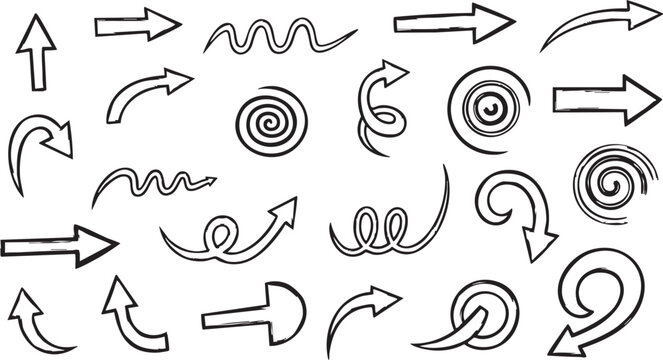 A collection of various hand-drawn black arrow doodles and scribbles pointing in different directions, isolated on a white background.