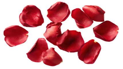 Floating red rose petals scattered on transparent backdrop in full frame shot
