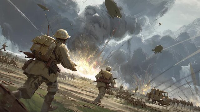 World War I Battlefield Illustration - Soldiers, Airships, and Explosions.
