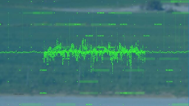 Incoming audio arriving, green waveform growing, spiking, and densifying, visualizing coastal sound