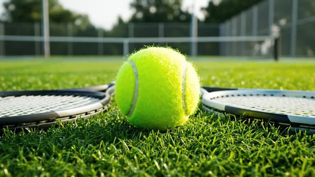 Close-up of a tennis ball and rackets on the grass court with the net in the background during daylight