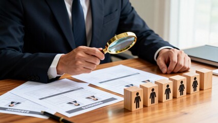 Businessman examining documents with magnifying glass