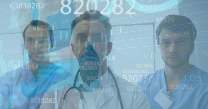 Lead doctor wearing steth with team standing for care while data feed updating charts across faces