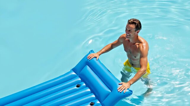 Smiling man standing in a swimming pool holding a blue inflatable raft on a sunny day. Happy male enjoying summer vacation and leisure time at a resort