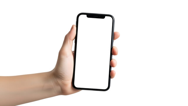 A hand holding a smartphone with a blank white screen