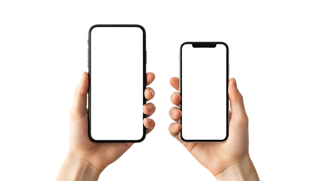 Two smartphones with blank screens held by a person