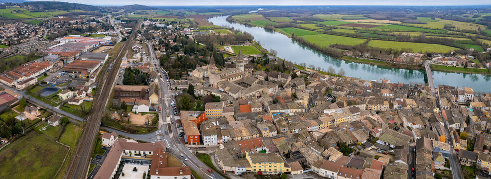 Aerial panoramic view of the old town city Tournus in France on a sunny day