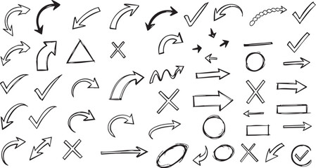 A collection of hand-drawn doodle arrows, checkmarks, crosses, circles, and a triangle in sketch style.