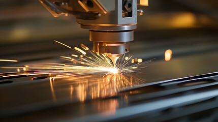 Laser cutting machine precision cuts through thin stainless steel sheet sparks fly