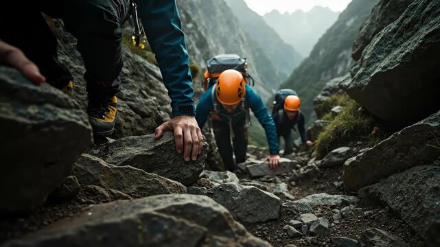 Low angle view of hikers climbing a steep rocky mountain trail. Group of mountaineers with helmets and backpacks scrambling up rugged terrain. Adventure and exploration concept