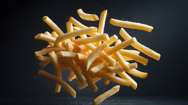 Large pile of golden french fries floating midair against dark background