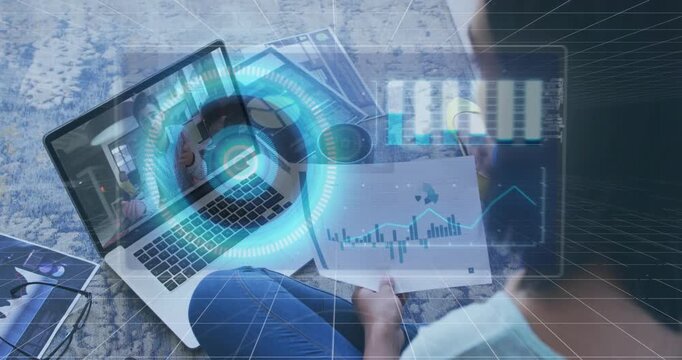 Woman holding bar chart watching laptop, host gesturing causing HUD highlighting data for finance