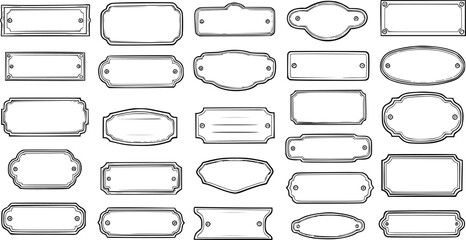 Collection of various blank vintage-style decorative frames, name plates, and labels in different shapes, hand-drawn sketch illustration set. © devanca