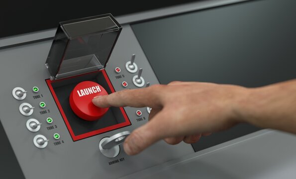 une main s'appr&ecirc;te &agrave; appuyer sur un bouton de lancement de missile - rendu 3D