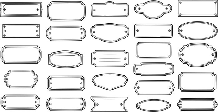 Collection of various blank vintage-style decorative frames, name plates, and labels in different shapes, hand-drawn sketch illustration set.