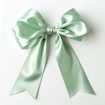 Light green ribbon bow with long tails, isolated on white background, silky, elegant and decorative.