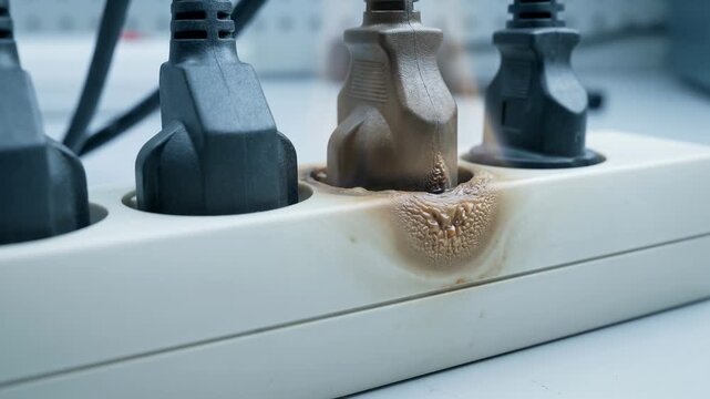 A demonstration of a power outlet showing signs of damage from overload. Observers can see burnt marks and cables connected. This highlights the importance of electrical safety.