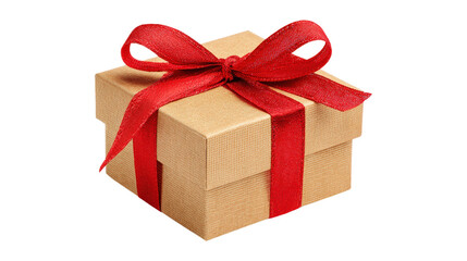 Obraz premium Kraft paper gift box with red ribbon and bow tie on gray studio background