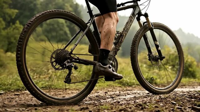 Close-up of a mountain bike riding through mud on a forest trail. Cyclist pedaling in slow motion with dirt splashing from tires. Outdoor adventure and extreme sport concept