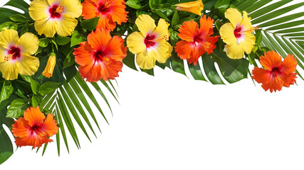 Tropical hibiscus flowers and palm leaves border isolated on white background
