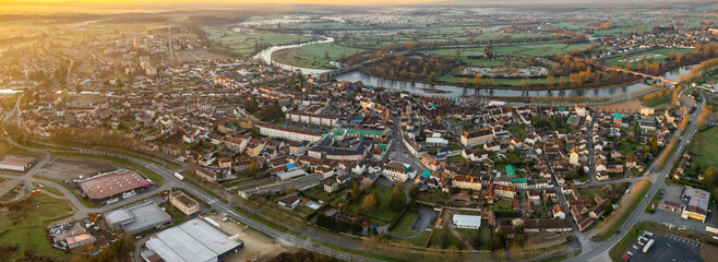 Aerial panoramic view of the old town city  Digoin in France on a sunny day