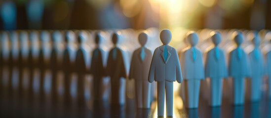 Leading the Pack: A line of miniature figurines, representing business professionals, stands in a row. The focus is on the foremost figure, who is sharply in focus.