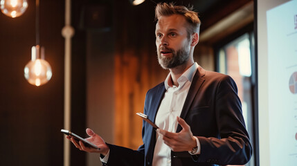 Confident Speaker Delivering a Presentation: A charismatic speaker captivates an audience during a business presentation, conveying expertise and engaging energy